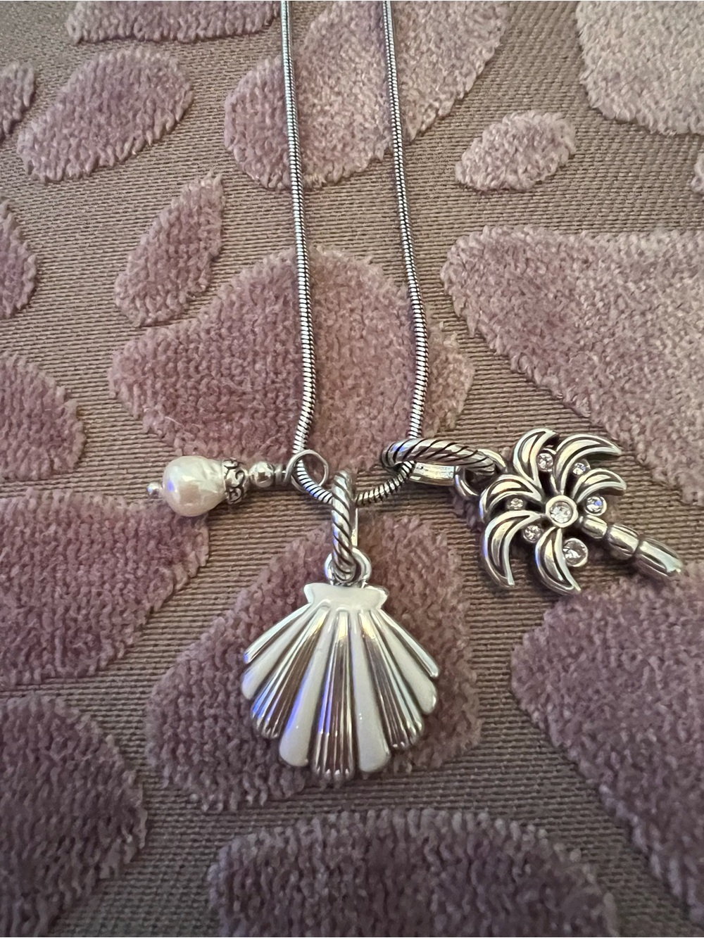Brighton Silver Tone Shell/Palm Tree Pendant Necklace with Pearl Accent